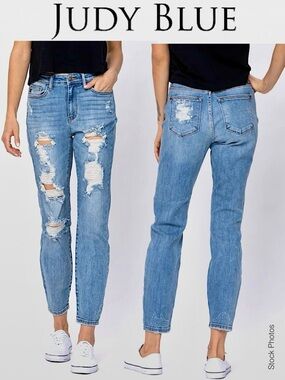 Judy Blue Boyfriend Fit JB82170LT Destroyed Distressed Taper-Leg High-Rise 15/32